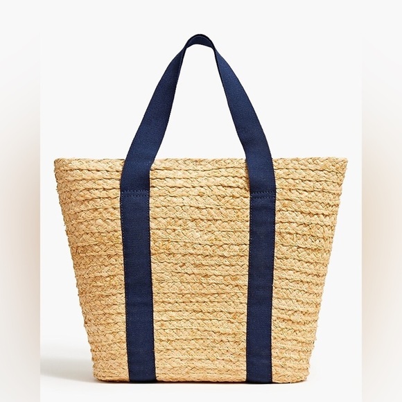 J. Crew Handbags - J. Crew Raffia Straw Structured Tote Bag, Antique Navy